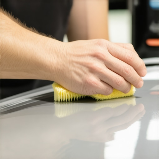Close-up of polishing process on car's surface with microfiber applicator and compound