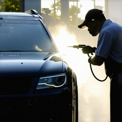 Auto Detailing Equipment in West LA Detailer using pressure washer on a sleek vehicle amidst Los Angeles scenery