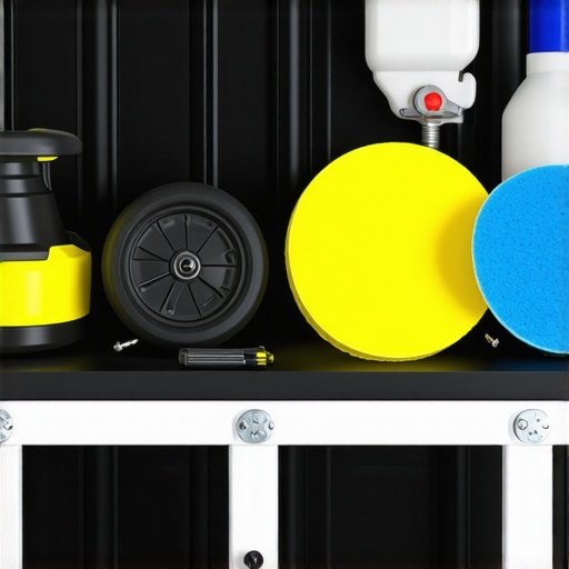 Professional car detailing tools arranged on a mobile workbench for efficient service