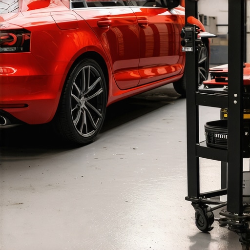 Professional car detailing tools organized on a workbench in a well-lit workshop