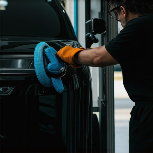 A skilled technician using a polisher on a car's glossy paint surface in a modern detailing shop.