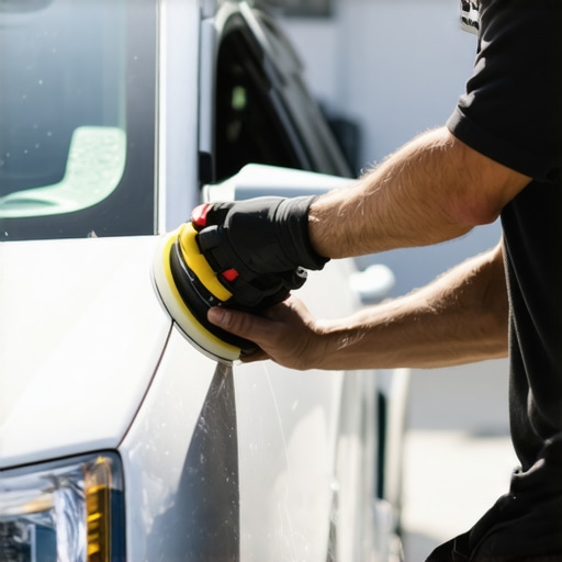 Car Polishing with Dual-Action Polisher Professional detailing process showing a technician polishing a vehicle on a bright sunny day.