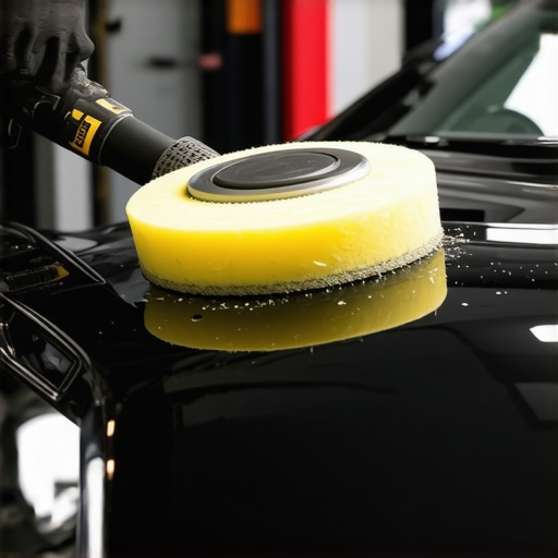 Professional mechanic polishing a car with dual-action polisher to remove high spots during ceramic coating application