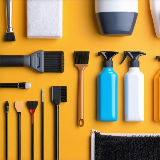  assorted car detailing tools, ceramic coating bottles, and cleaning cloths on a workbench.