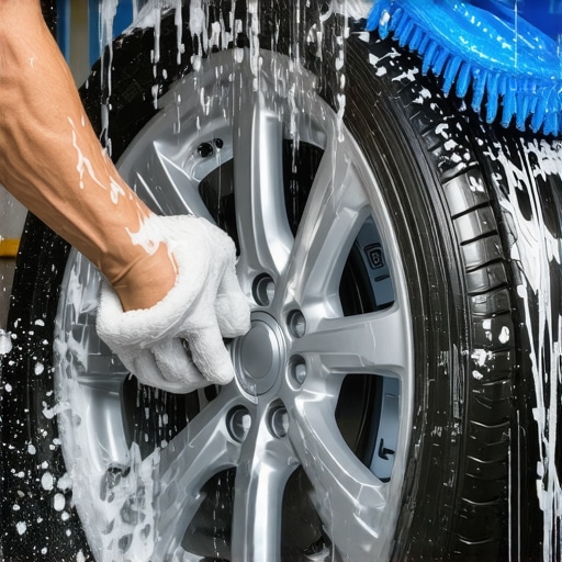 Person cleaning a shiny alloy wheel with soft microfiber brushes using a gentle car wash soap.