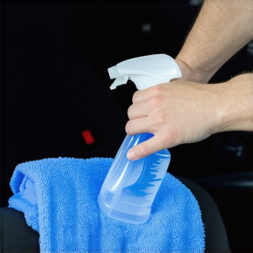 Person cleaning eco-friendly recycled fabric car seats using microfiber cloth in garage.