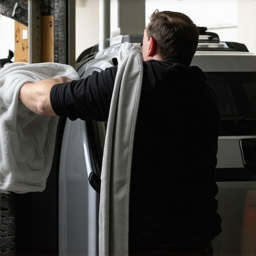 Professional using a microfiber towel to dry a large SUV in a well-lit garage.