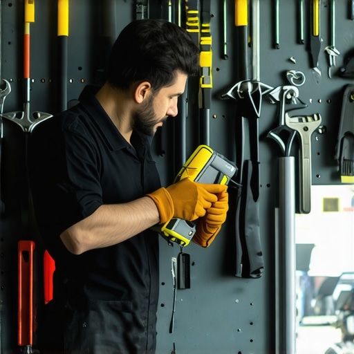 Detailing Tool Maintenance Technician inspecting and servicing mobile detailing equipment in a clean garage.
