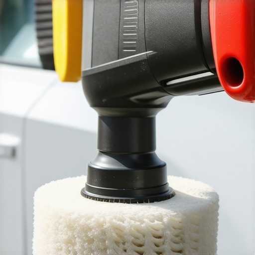 Close-up image of a dual-action polisher on a car's paint showing adjustable speed settings and ergonomic design
