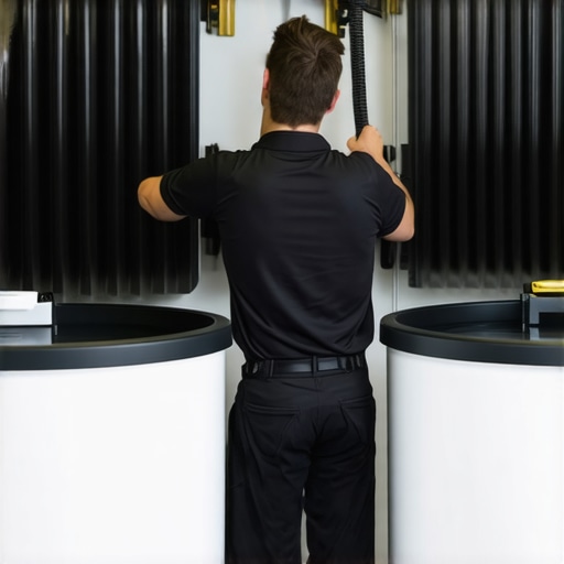 A professional detailer examining sturdy water tanks and flexible hoses in a workshop.