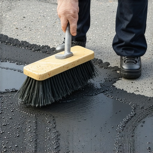 Person using a soft brush to apply tar remover on asphalt surface