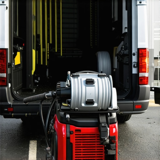 Efficient Mobile Detailing Power Setup Portable generator with water hose reel connected in a mobile detailing environment