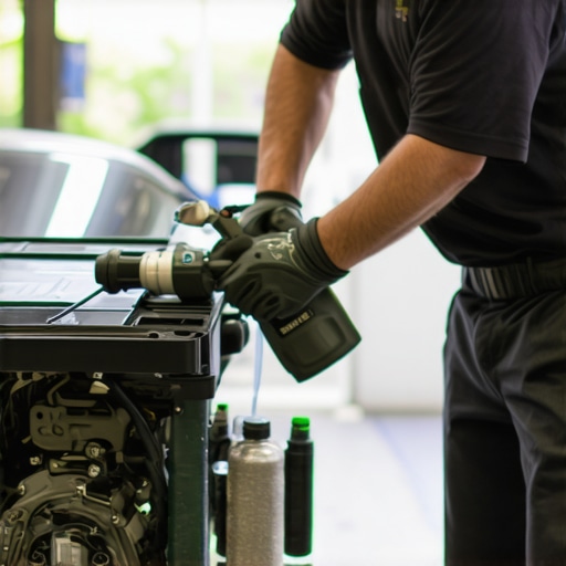 Detailer spraying degreaser on engine bay with organized workshop background.