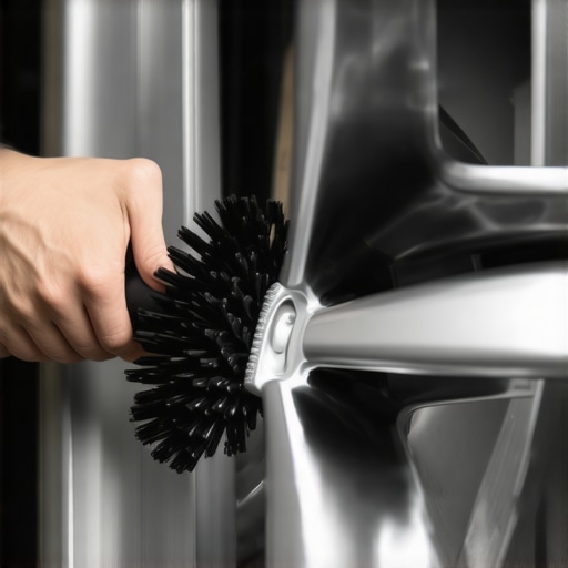 Close-up of a hand cleaning a deep-dish alloy wheel with an ergonomic brush