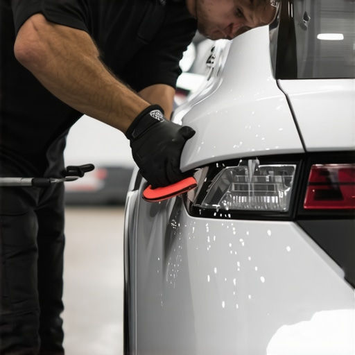 A skilled detailer using a polisher on a car's surface during correction process.
