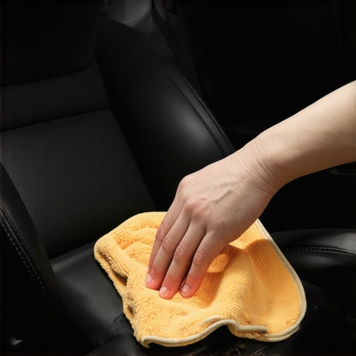 Person cleaning vegan leather car seats with microfiber cloth and natural cleaner