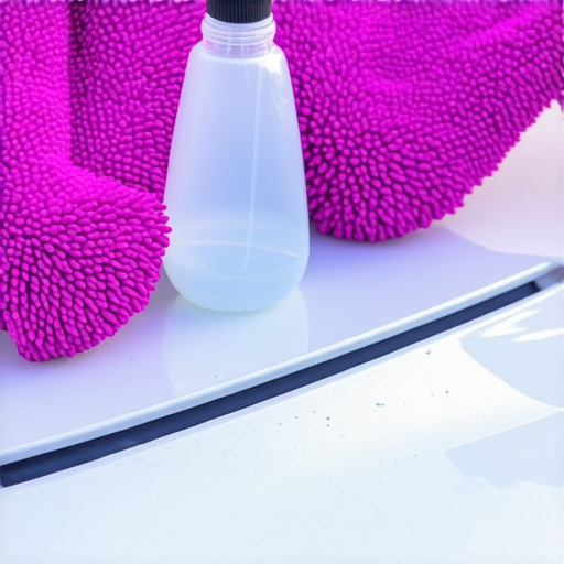 Hands using microfiber mitts and spray bottle to carefully remove bird droppings from a vehicle's painted surface.