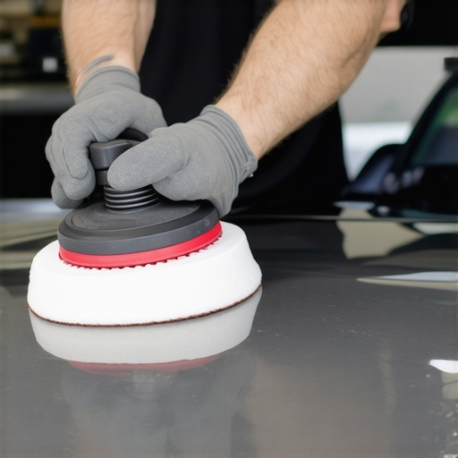 Car detailer carefully polishing vehicle's delicate paint with soft foam pad in a well-lit garage.