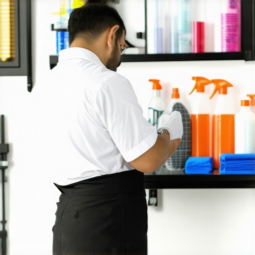 A professional examining car detailing products in a modern auto detailing shop.