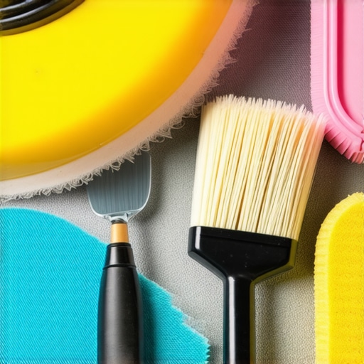 Professional car detailing polisher with fresh pads, organized tools, and cleaning supplies, emphasizing equipment care.