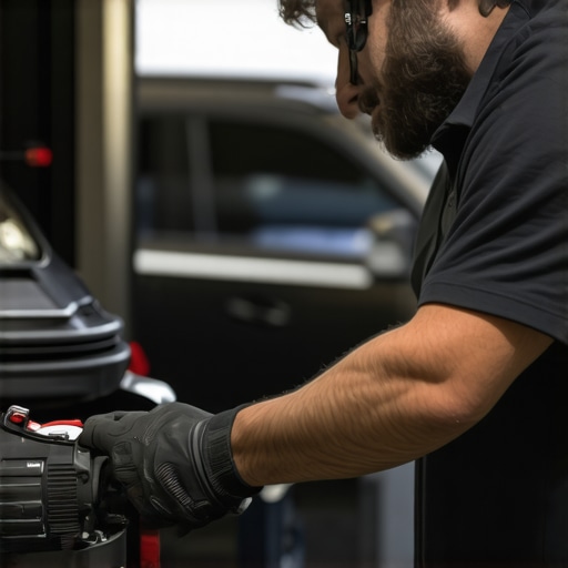 Technician inspecting and cleaning pressure washer and buffing tools.