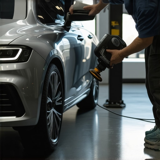 Technician polishing metallic blue car with dual-action polisher in garage.