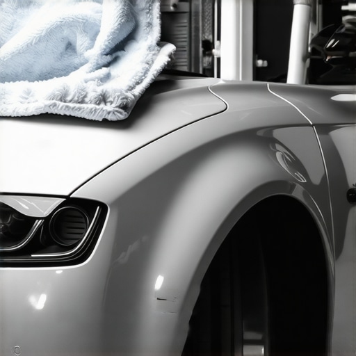 Car enthusiast using microfiber towels to dry a silver vehicle in a professional detailing garage