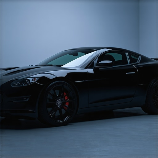 Professional car detailing process with mobile equipment and LED lighting highlighting paint finish