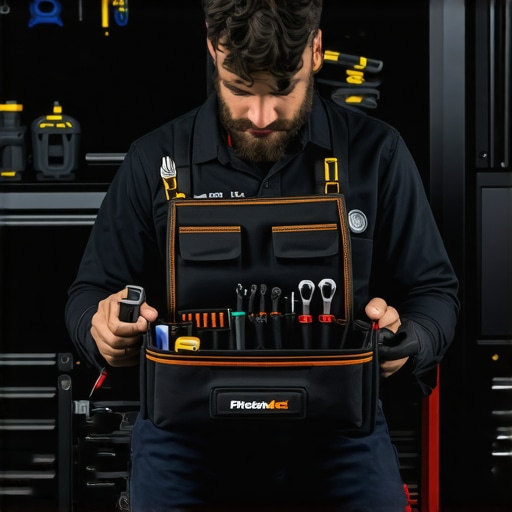 A neatly organized professional auto detailing tool bag with labeled compartments and tools in a garage.