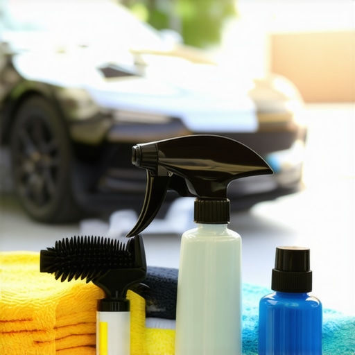A neatly organized mobile detailing toolkit with pressure washer nozzles and microfiber towels
