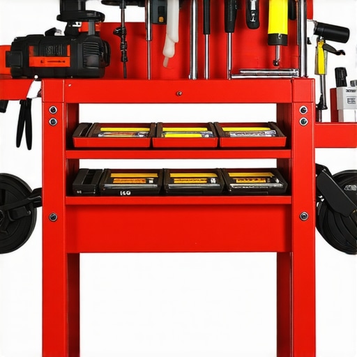 Professional car detailing equipment neatly arranged on a workshop cart, ready for use.