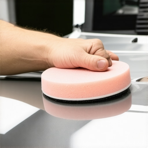 Detailer polishing car paint with foam pad in professional workshop