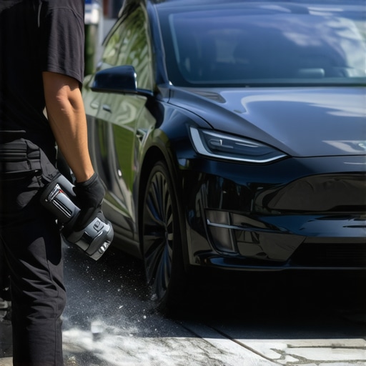 A detailer carefully polishing a Tesla electric vehicle with a rotary tool in a shaded driveway