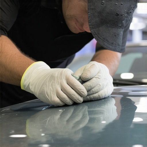 A detailed shot of a hand carefully spreading sealant on a car's surface with a microfiber applicator.