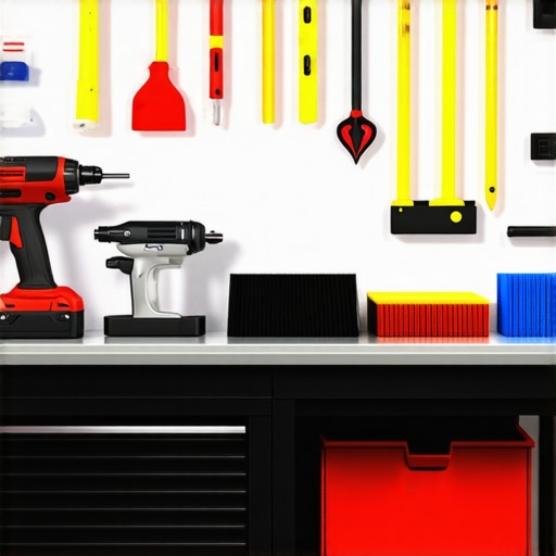 Array of professional car detailing tools including buffers, polishers, and cleaning brushes in a high-end workshop