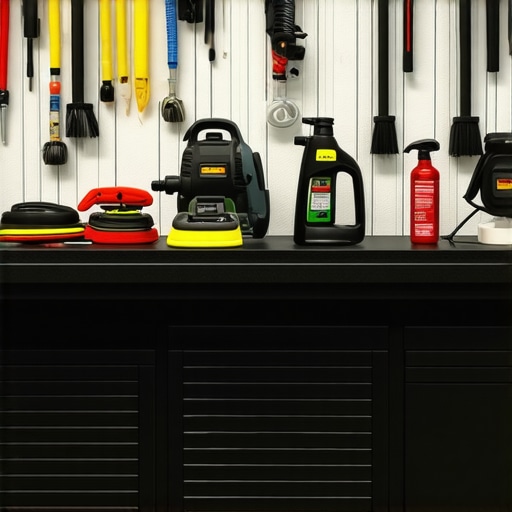 Pro-level Car Detailing Equipment Setup A well-organized car detailing workspace showcasing professional tools including polishers and ceramic coating sprays.