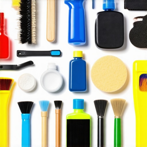 Arranged auto detailing supplies on a workbench with brushes and cleaning products.