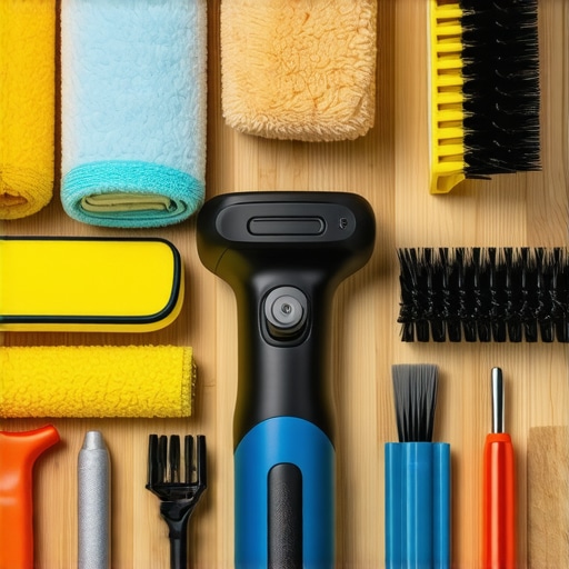 Array of high-end car detailing tools including polisher, microfiber towels, and brushes on a worktable.