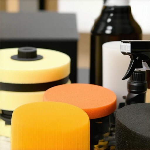 Close-up image of car polishing buffers and detailing tools in a well-organized workshop.