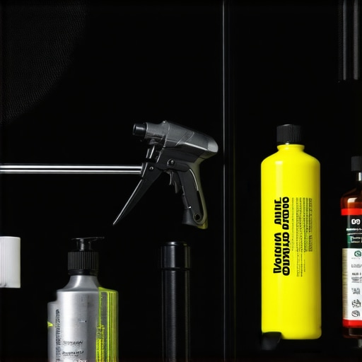 Detailed view of a professional car detailing workstation with premium supplies and tools