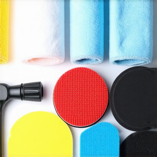 A detailed setup of car cleaning and detailing products arranged neatly with microfiber towels, polishing pads, and ceramic coating applicator.