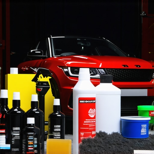 An array of professional car detailing tools and products displayed with a shiny SUV in the background.