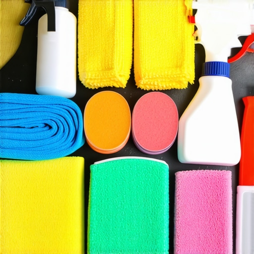 Various car detailing products and tools neatly organized on a workbench in a detailing shop