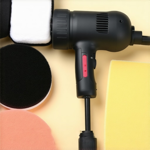 Close-up of a dual-action polisher, foam cannon, and microfiber polishing pads ready for car detailing.