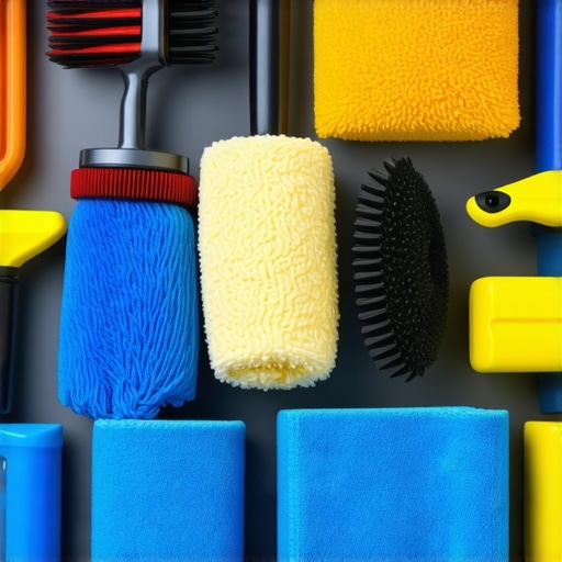 A set of high-quality detailing equipment including a dual-action polisher, microfiber towels, and brushes neatly arranged on a workbench.
