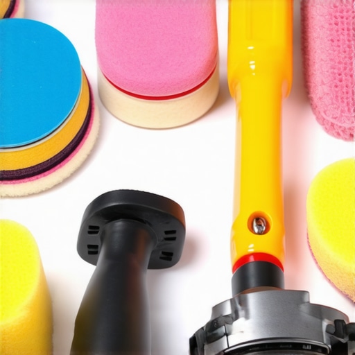 Close-up of car detailing equipment including a dual-action polisher, microfiber pads, and foam cannon.