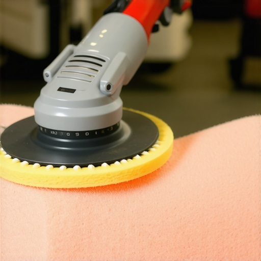A professional-grade car polisher with microfiber pads used for detailed cleaning in a garage.