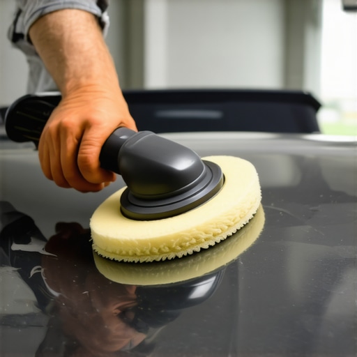 Close-up of a hand using a dual-action polisher on satin car paint
