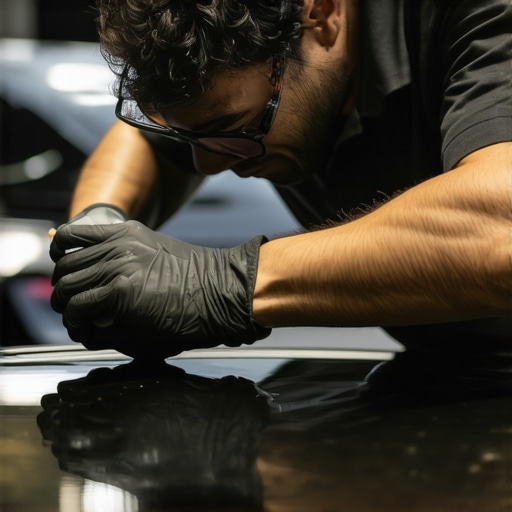 Expert applying ceramic coating with precision tools for flawless finish.
