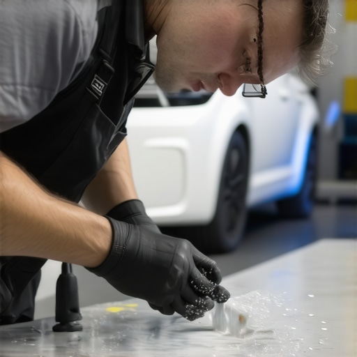 Technician applying ceramic coating on a luxury car with proper technique and tools.
